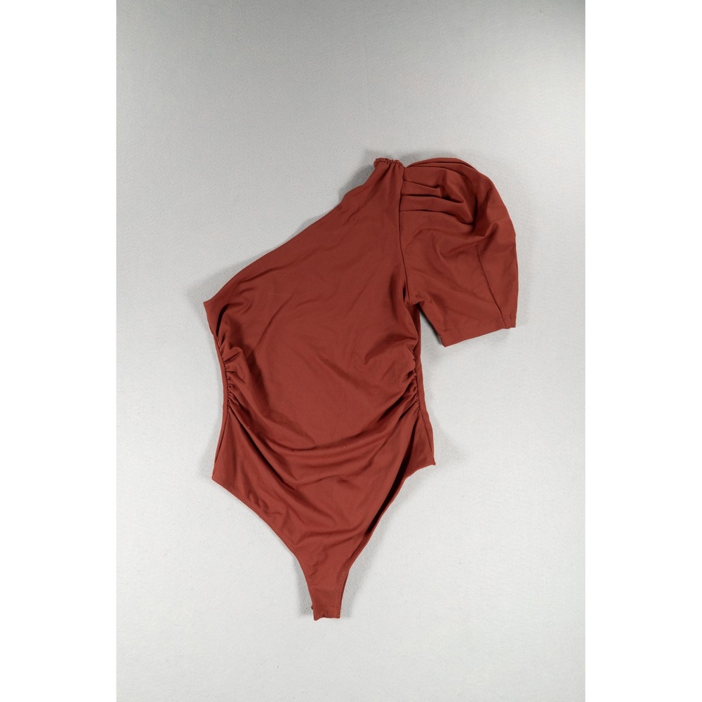 Free People Intimately One Shoulder Puff Sleeve Ruched Bodysuit Rust Brown XS